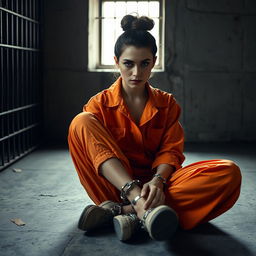 A young Russian brunette woman with her hair styled in a bun, wearing an orange prison jumpsuit with the collar unbuttoned, sitting on the floor of a jail cell with her legs chained