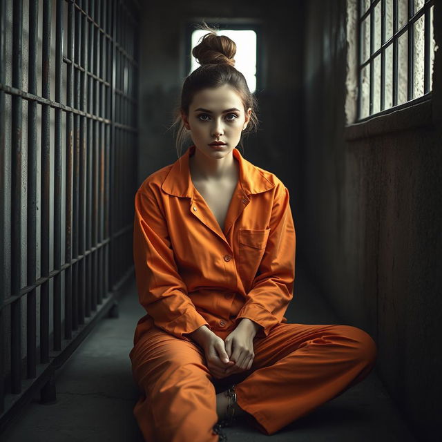 A young Russian brunette woman with her hair styled in a bun, wearing an orange prison jumpsuit with the collar unbuttoned, sitting on the floor of a jail cell with her legs chained