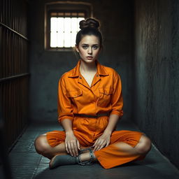 A young Russian brunette woman with her hair styled in a bun, wearing an orange prison jumpsuit with the collar unbuttoned, sitting on the floor of a jail cell with her legs chained