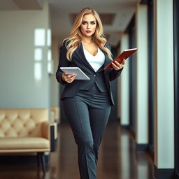 A full-length portrait of a beautiful, stunning, sexy blonde woman resembling Marina Laswick, showcasing fat, plump wide bowed hips, fat round thick thighs, and thick legs