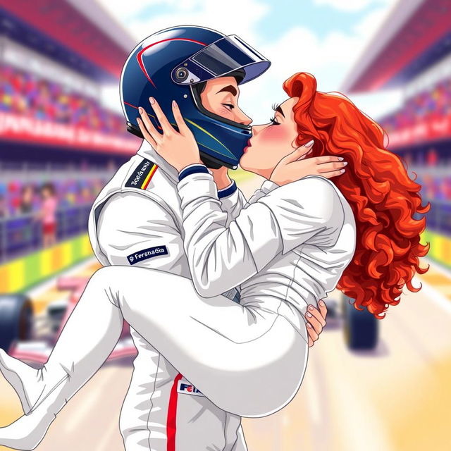 An illustration of a Formula 1 driver in a white racing suit with colorful details, holding a woman with curly red hair off the ground in a loving embrace