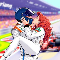 An illustration of a Formula 1 driver in a white racing suit with colorful details, holding a woman with curly red hair off the ground in a loving embrace