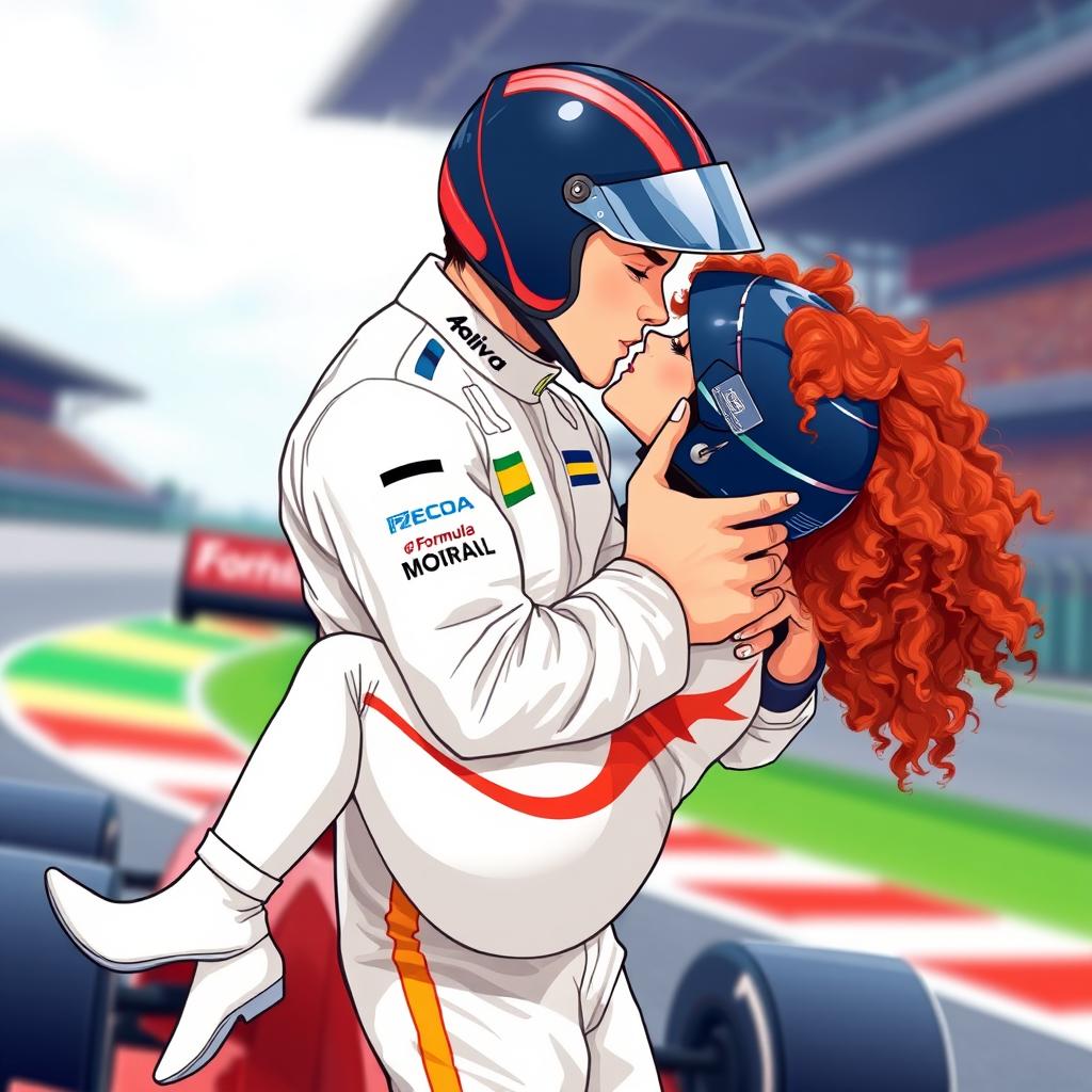 An illustration of a Formula 1 driver in a white racing suit with colorful details, holding a woman with curly red hair off the ground in a loving embrace