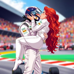 An illustration of a Formula 1 driver in a white racing suit with colorful details, holding a woman with curly red hair off the ground in a loving embrace