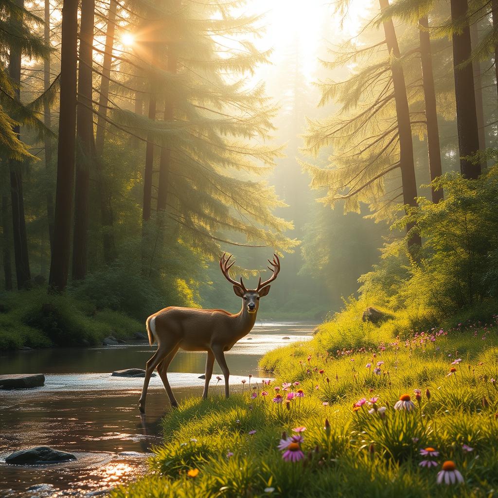 An elegant and serene scene of a lush forest during golden hour, with soft sunlight filtering through the tall, vibrant green trees, casting gentle shadows on the forest floor