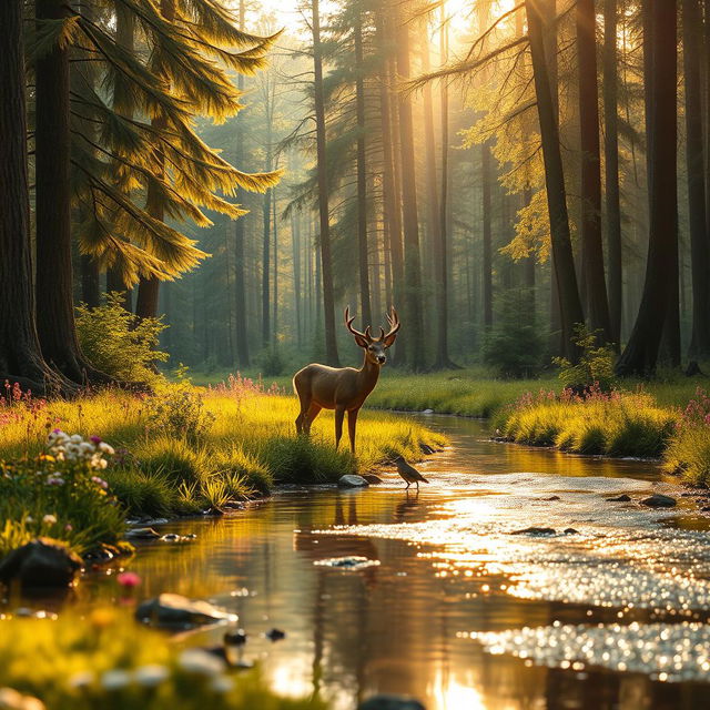 An elegant and serene scene of a lush forest during golden hour, with soft sunlight filtering through the tall, vibrant green trees, casting gentle shadows on the forest floor