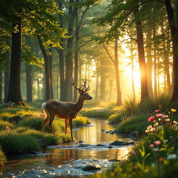 An elegant and serene scene of a lush forest during golden hour, with soft sunlight filtering through the tall, vibrant green trees, casting gentle shadows on the forest floor