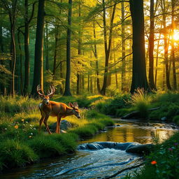 An elegant and serene scene of a lush forest during golden hour, with soft sunlight filtering through the tall, vibrant green trees, casting gentle shadows on the forest floor