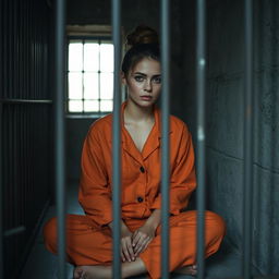 A young Russian brunette woman with her hair styled in a bun, wearing an orange prison jumpsuit with the collar unbuttoned, sitting on the floor of a jail cell
