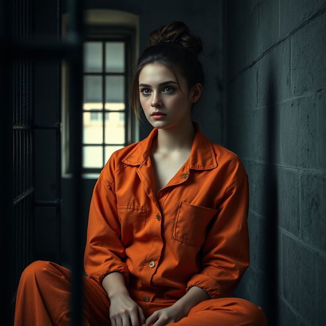 A young Russian brunette woman with her hair styled in a bun, wearing an orange prison jumpsuit with the collar unbuttoned, sitting on the floor of a jail cell