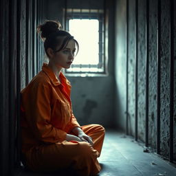 A young Russian brunette woman with her hair styled in a bun, wearing an orange prison jumpsuit with the collar unbuttoned, sitting on the floor of a jail cell