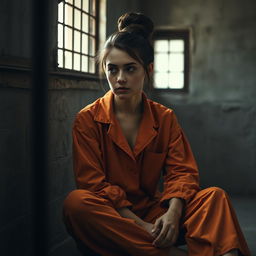 A young Russian brunette woman with her hair styled in a bun, wearing an orange prison jumpsuit with the collar unbuttoned, sitting on the floor of a jail cell