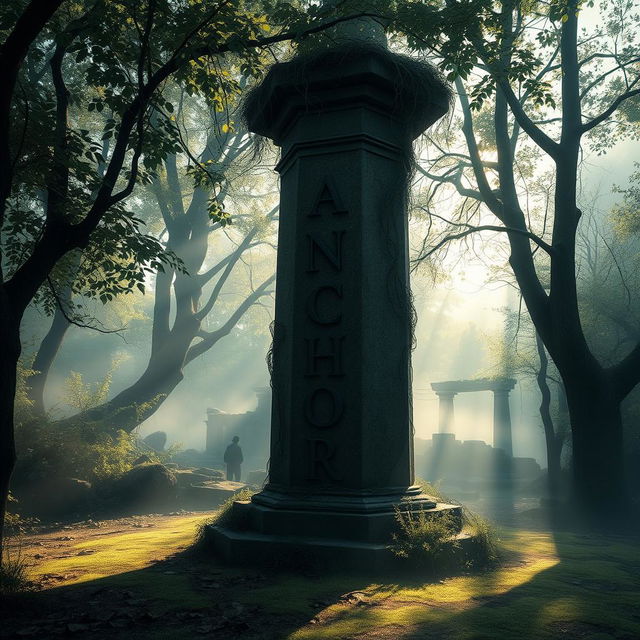 A mysterious scene depicting an ancient stone pillar with the word 'ANCHOR' partially erased, surrounded by nature