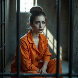 A young Russian brunette woman with her hair styled in a bun, wearing an orange prison jumpsuit with the collar unbuttoned, sitting on the floor of a jail cell