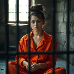 A young Russian brunette woman with her hair styled in a bun, wearing an orange prison jumpsuit with the collar unbuttoned, sitting on the floor of a jail cell