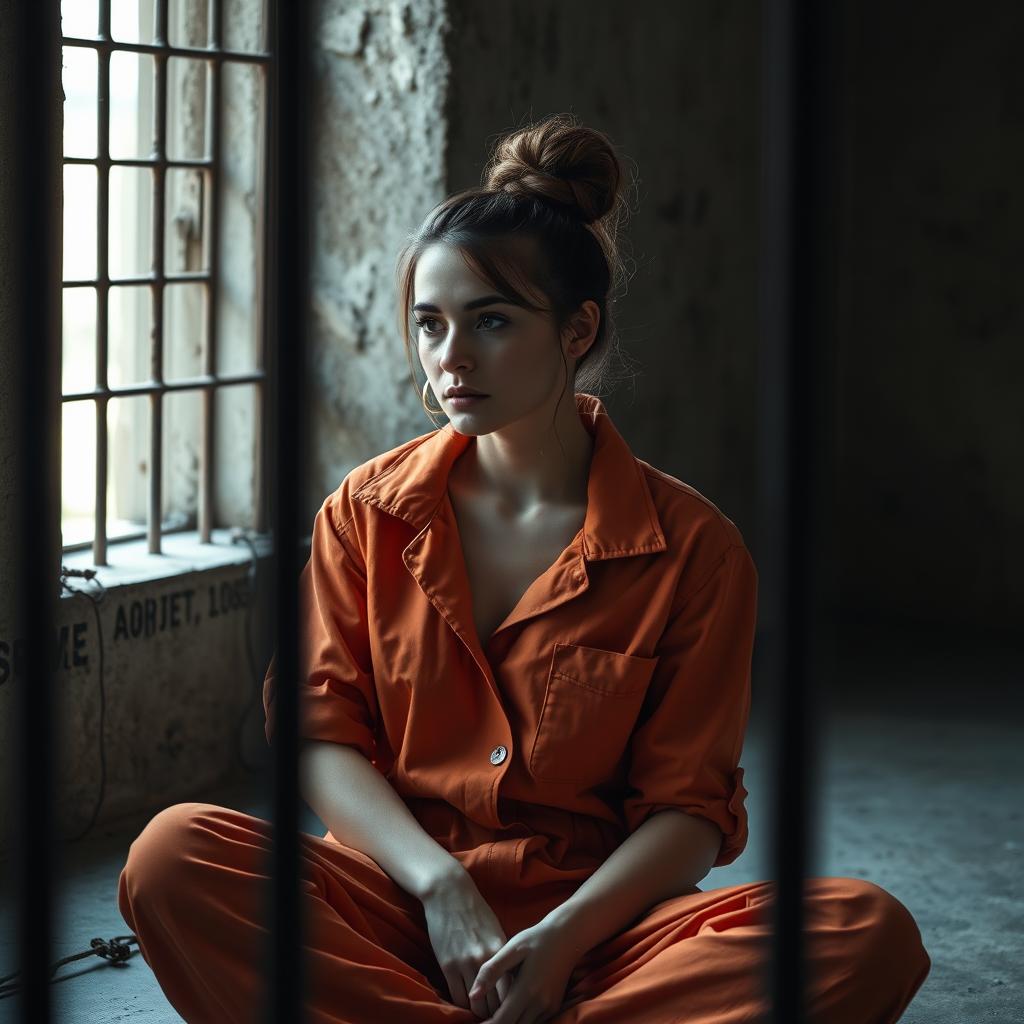 A young Russian brunette woman with her hair styled in a bun, wearing an orange prison jumpsuit with the collar unbuttoned, sitting on the floor of a jail cell