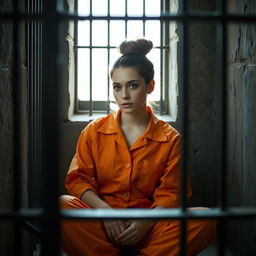 A young Russian brunette woman with her hair styled in a bun, wearing an orange prison jumpsuit with the collar unbuttoned, sitting on the floor of a jail cell