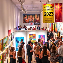 A vibrant and dynamic art gallery opening event, featuring a diverse group of artists and art enthusiasts