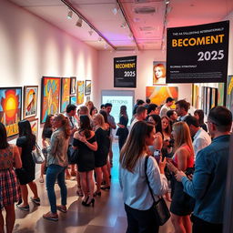A vibrant and dynamic art gallery opening event, featuring a diverse group of artists and art enthusiasts