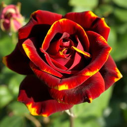 An intense brown rose with vibrant yellow edges, showcasing intricate details of the petals and a rich color contrast