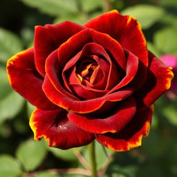 An intense brown rose with vibrant yellow edges, showcasing intricate details of the petals and a rich color contrast