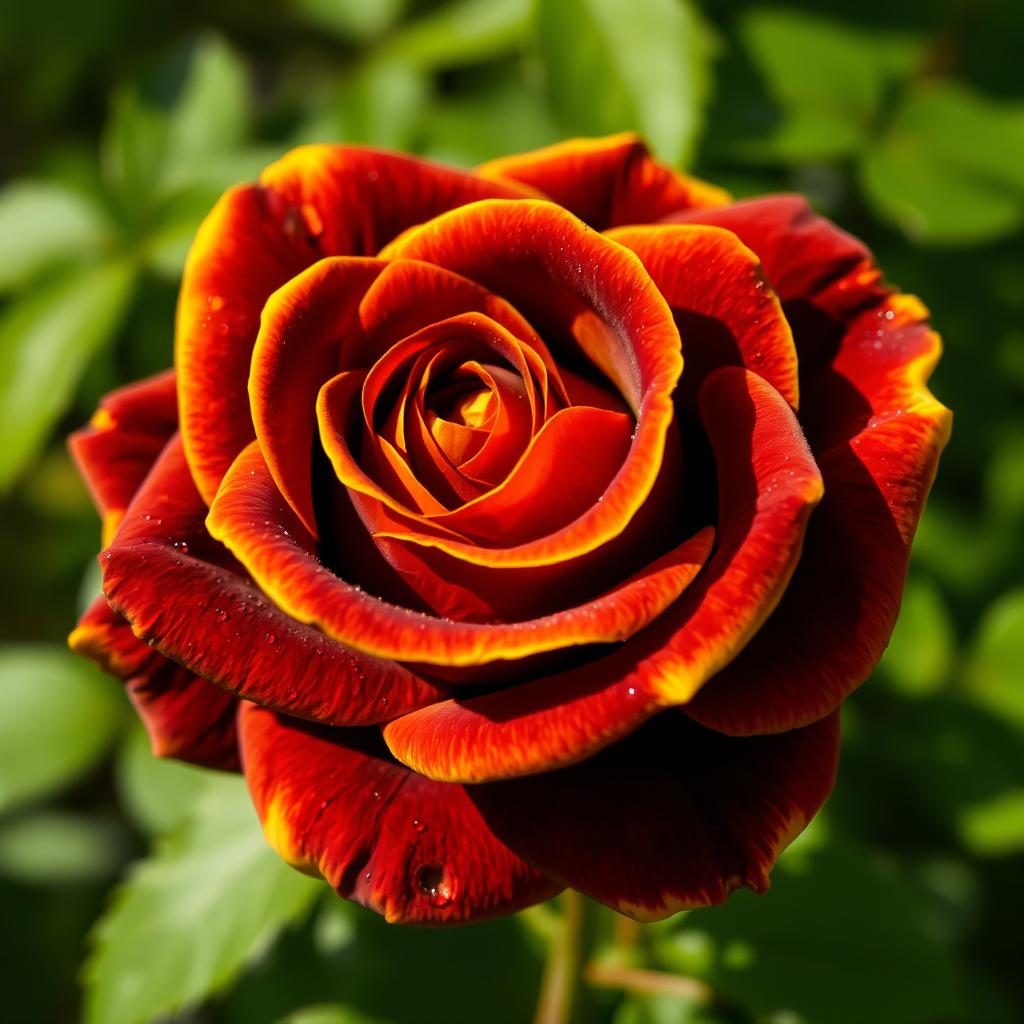 An intense brown rose with vibrant yellow edges, showcasing intricate details of the petals and a rich color contrast