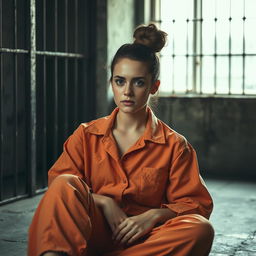 A young Russian brunette woman with her hair styled in a bun, wearing an orange prison jumpsuit with the collar unbuttoned, sitting on the floor of a jail cell