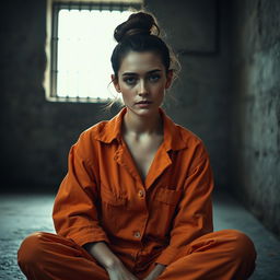 A young Russian brunette woman with her hair styled in a bun, wearing an orange prison jumpsuit with the collar unbuttoned, sitting on the floor of a jail cell