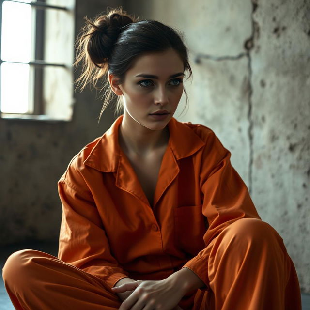 A young Russian brunette woman with her hair styled in a bun, wearing an orange prison jumpsuit with the collar unbuttoned, sitting on the floor of a jail cell