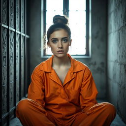 A young Russian brunette woman with her hair styled in a bun, wearing an orange prison jumpsuit with the collar unbuttoned, sitting on the floor of a jail cell