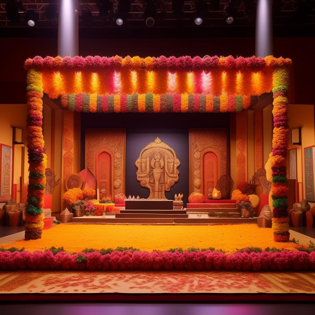 A traditional Indian stage decoration concept for a college celebration. Showcase a festive environment filled with local arts, cultural artifacts, and decorations, while maintaining an affordable budget.