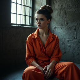 A young Russian brunette woman with her hair elegantly styled in a bun, dressed in an orange prison jumpsuit with the collar unbuttoned, sitting on the cold floor of a jail cell