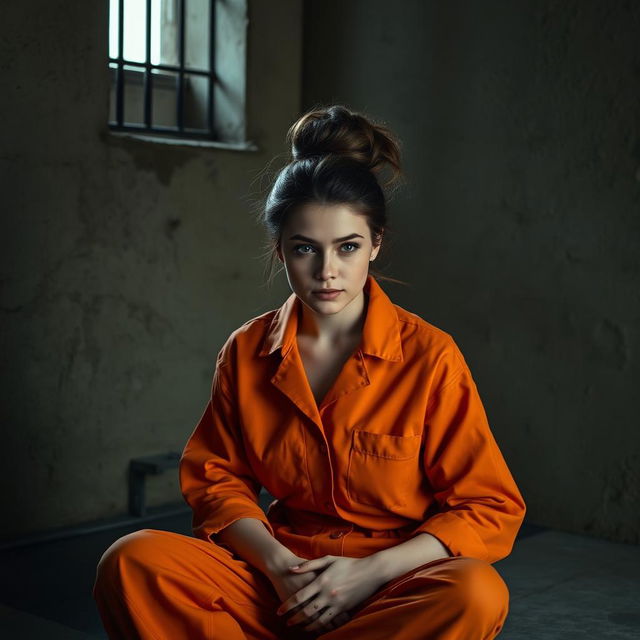 A young Russian brunette woman with her hair elegantly styled in a bun, dressed in an orange prison jumpsuit with the collar unbuttoned, sitting on the cold floor of a jail cell