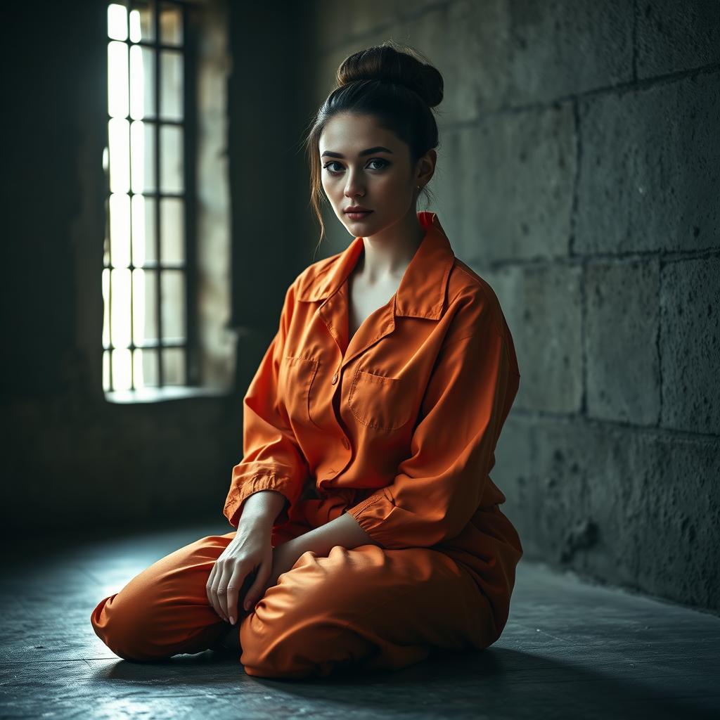 A young Russian brunette woman with her hair elegantly styled in a bun, dressed in an orange prison jumpsuit with the collar unbuttoned, sitting on the cold floor of a jail cell