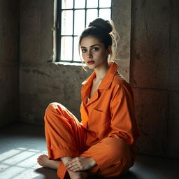 A young Russian brunette woman with her hair elegantly styled in a bun, dressed in an orange prison jumpsuit with the collar unbuttoned, sitting on the cold floor of a jail cell