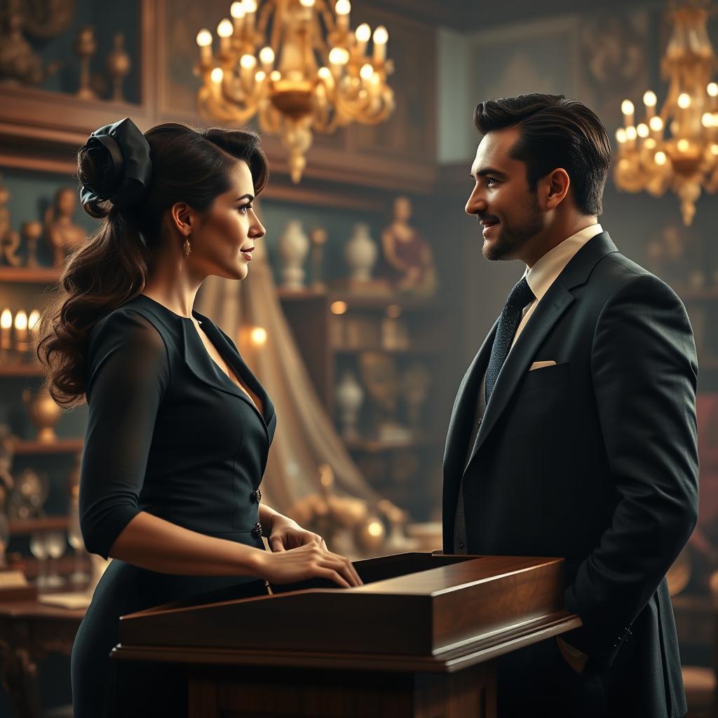 A romantic yet tense scene depicting a female auctioneer with a strong presence and an elegant outfit, standing confidently at an auction podium
