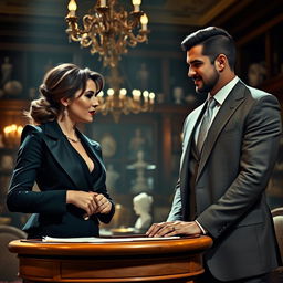 A romantic yet tense scene depicting a female auctioneer with a strong presence and an elegant outfit, standing confidently at an auction podium