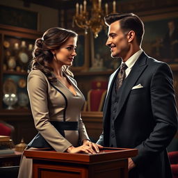 A romantic yet tense scene depicting a female auctioneer with a strong presence and an elegant outfit, standing confidently at an auction podium