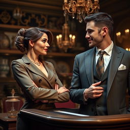 A romantic yet tense scene depicting a female auctioneer with a strong presence and an elegant outfit, standing confidently at an auction podium