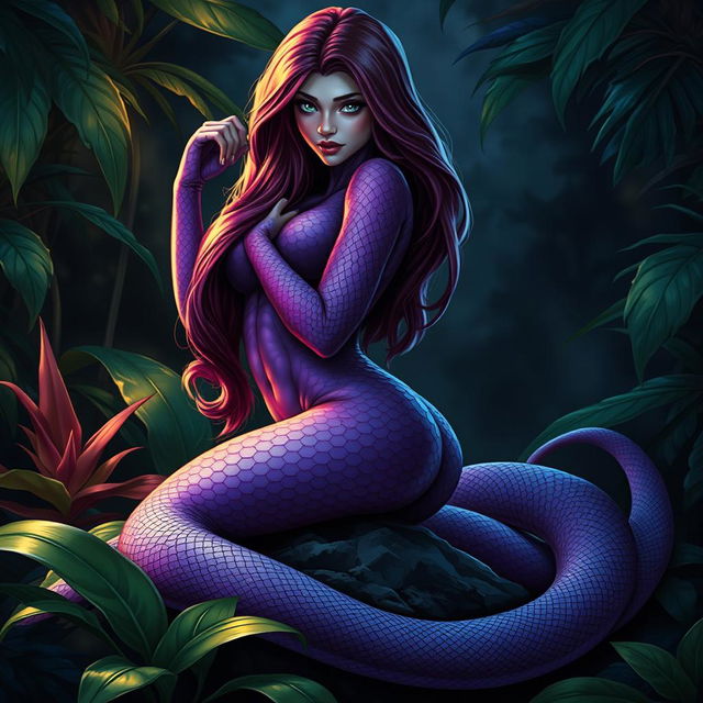 A stunning serpent girl with vibrant violet scales, posing seductively