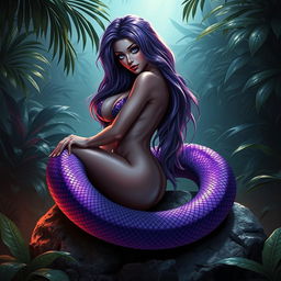 A stunning serpent girl with vibrant violet scales, posing seductively