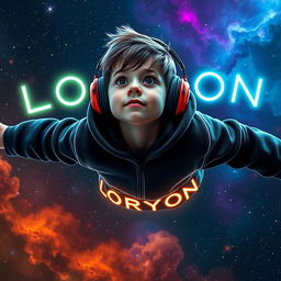 A young boy floating in the vastness of space wearing headphones and a cozy hoodie, surrounded by colorful nebulas and twinkling stars