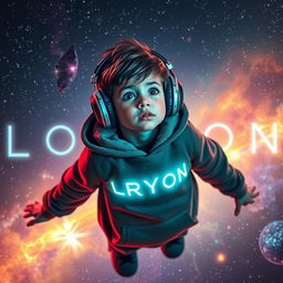 A young boy floating in the vastness of space wearing headphones and a cozy hoodie, surrounded by colorful nebulas and twinkling stars