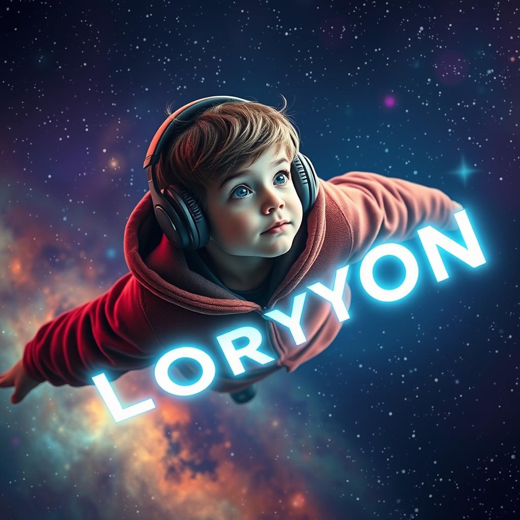 A young boy floating in the vastness of space wearing headphones and a cozy hoodie, surrounded by colorful nebulas and twinkling stars