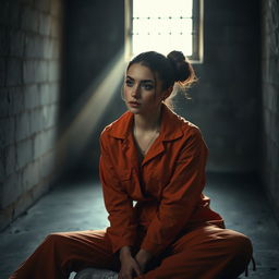 A young Russian brunette woman with her hair elegantly styled in a bun, dressed in an orange jumpsuit with the collar unbuttoned, sitting on the cold, hard floor of a jail cell