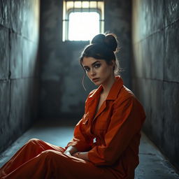 A young Russian brunette woman with her hair elegantly styled in a bun, dressed in an orange jumpsuit with the collar unbuttoned, sitting on the cold, hard floor of a jail cell