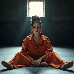 A young Russian brunette woman with her hair elegantly styled in a bun, dressed in an orange jumpsuit with the collar unbuttoned, sitting on the cold, hard floor of a jail cell