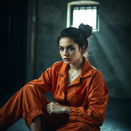 A young Russian brunette woman with her hair elegantly styled in a bun, dressed in an orange jumpsuit with the collar unbuttoned, sitting on the cold, hard floor of a jail cell