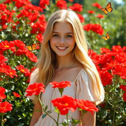 A beautiful teenage girl, 16 years old, with long blonde hair, surrounded by a vibrant garden filled with red flowers in full bloom