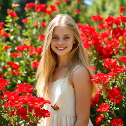 A beautiful teenage girl, 16 years old, with long blonde hair, surrounded by a vibrant garden filled with red flowers in full bloom